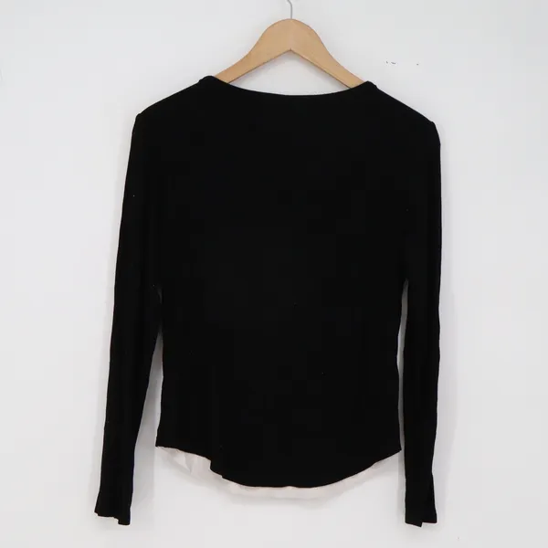 QSHIZHU Top Womens L Layered Look Black Ribbed Split Neck Long Sleeve Excellent - Image 3