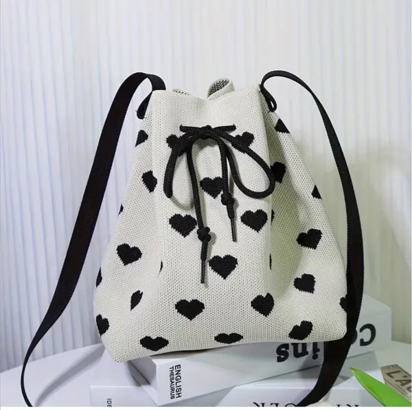 Knit Heart Pattern Drawstring Bucket Crossbody Bag 🖤✨ White - Image 5