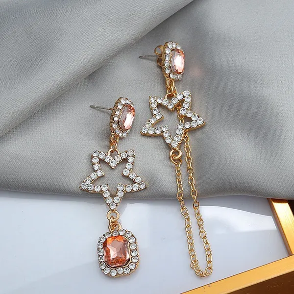 Women's Crystal Stars Asymmetrical Dangle Drop Earrings Gold - Image 3