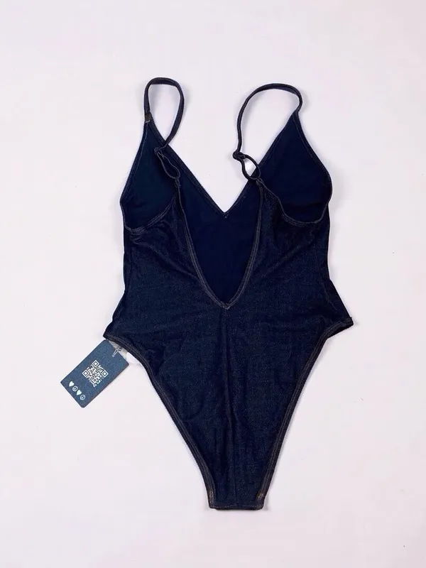 Aerie One Piece Cheeky Denim Look V-Neck Swimsuit Navy NWT Size Small - Image 3
