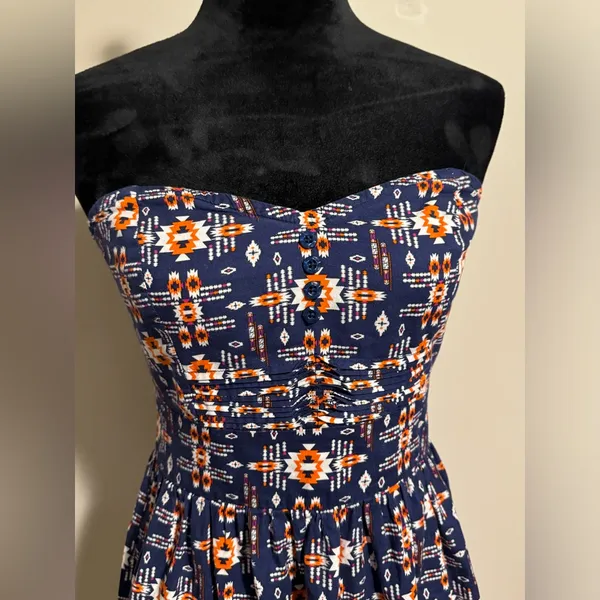 EUC BeBop Blue and Orange Aztec Print Strapless Babydoll Dress size medium - Image 2