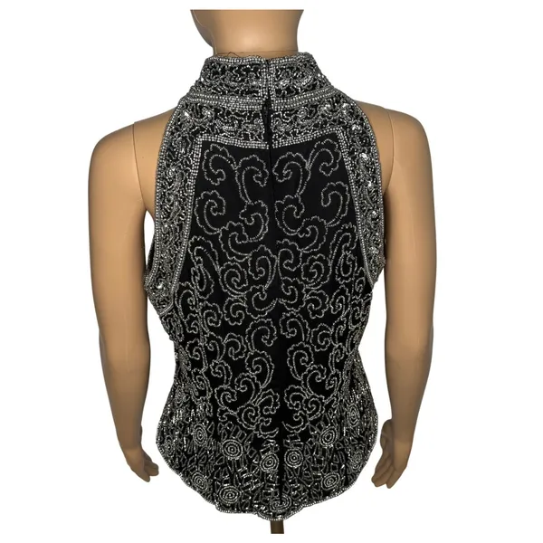 Vintage 1980s Papell Boutique Black Silver Beaded Silk Evening Top Small - Image 3