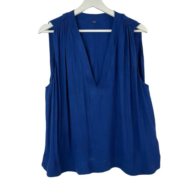 Free People Small Tank Top Pleated Back Boho V-Neck Oversized Royal Blue - Image 4