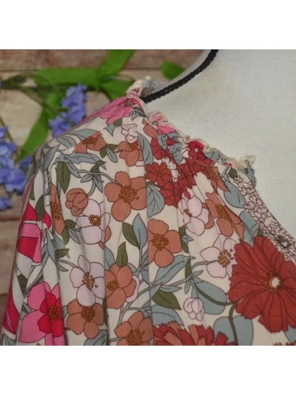 Entro Floral Blouse Womens Large 100% Rayon Boho Peasant V Neck Retro Mums - Image 4