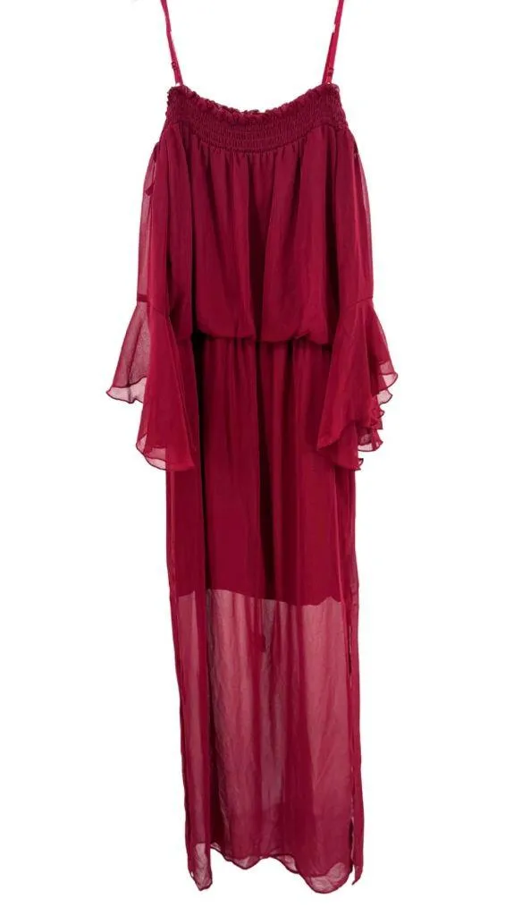 City Triangles burgundy sheer Maxi Dress S flowy bell sleeves boho off shoulder - Image 2