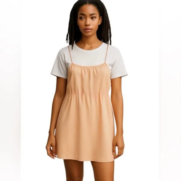 ZARA Linen Blend Babydoll Mini Dress with Pockets in Peach Tangerine Size‎ Small - Image 5