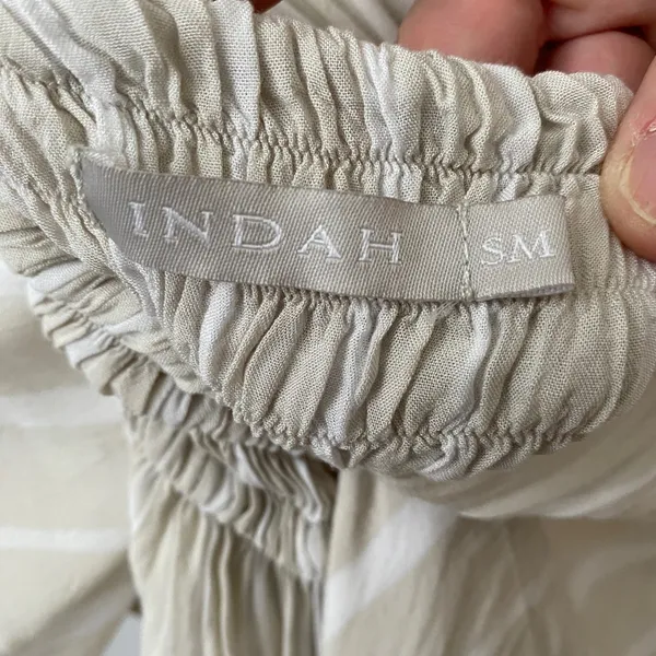 Indah Rayon Boho Beachy Coastal Flowy Striped Smocked Maxi Dress S/M Tan White - Image 6