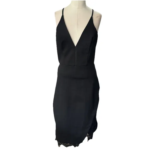 ASTR The Label Peeking Lace Plunge V Neck Bodycon Midi Dress Black Womens M - Image 14