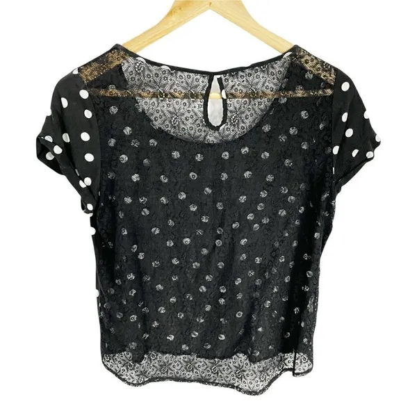 Promod Black Polka Dot Short Sleeved Shirt‎ Sz S Lace Open Back Cropped French - Image 3