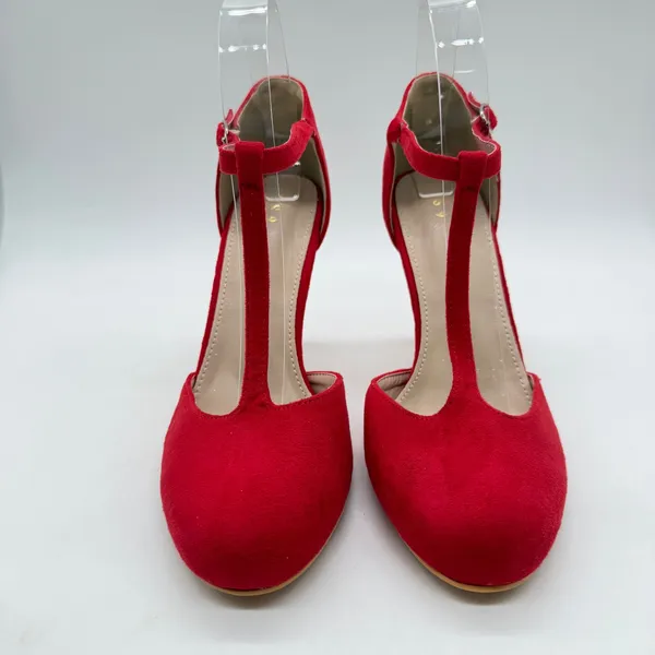 Red Faux Suede T-Strap Pumps Womens Size 9 Round Toe Stiletto Heels Ankle Strap - Image 4