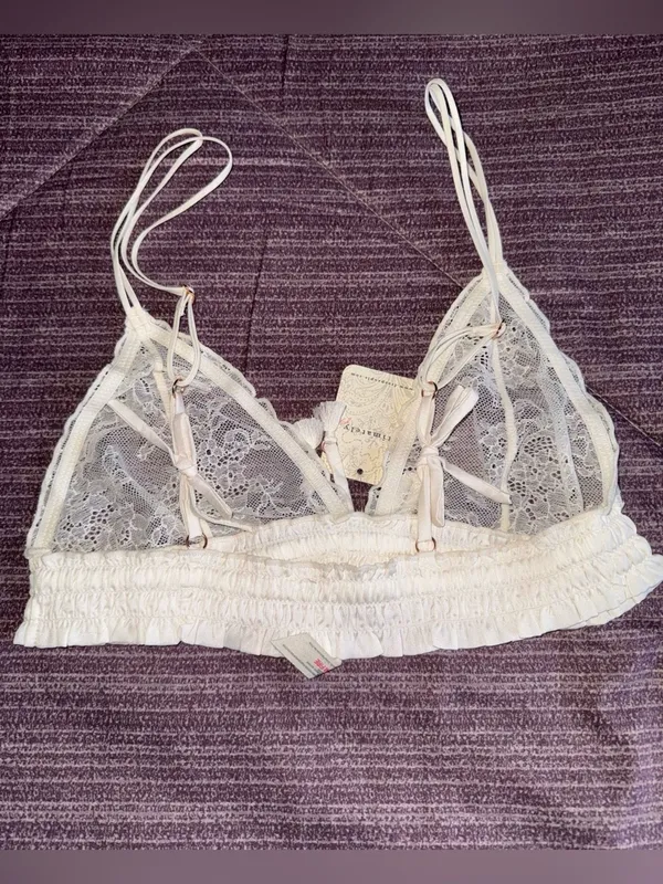 Free People Cream Lace Bralette with Tassel Tie - Image 4