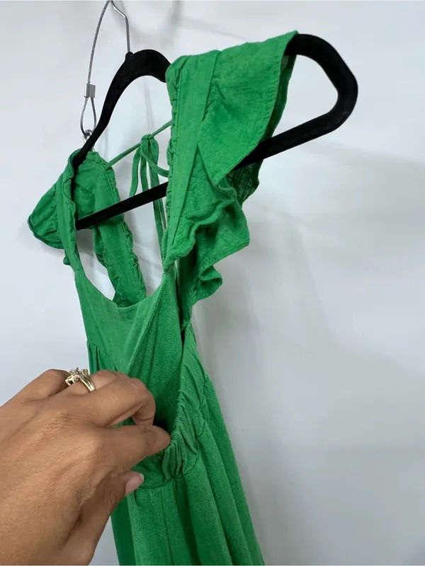 Linen blend Green Ruffled Sun mini Dress size L - Image 8