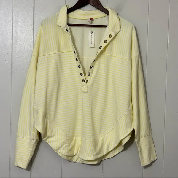 Pilcro Anthropologie Oversized Striped Henley Top Yellow White NWT Size L - Image 3