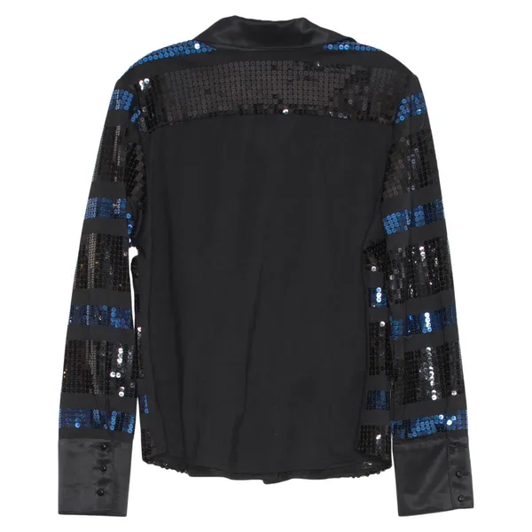 Frank Lyman Y2K Sequin Button Up Top Black Blue Stripe 14 Glam Disco Party Retro - Image 4