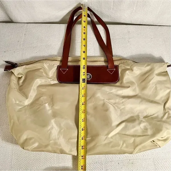 Dooney & Bourke Beige Nylon W/ Brown Leather Strap Zip Top Travel Bag - Image 10