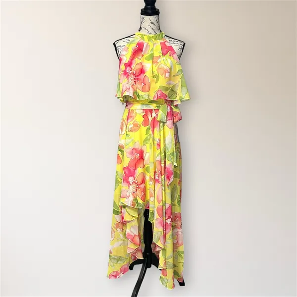 Eliza J Yellow Floral Halter High Low Maxi Dress 8‎ Chiffon Wedding Guest Party - Image 2