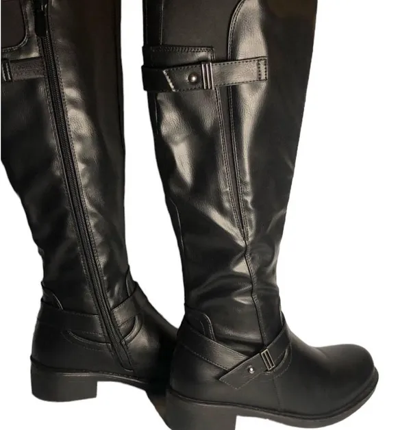 Dream Paris Black Knee High Riding Boots Side Zipper Buckles 1.25 inch Heel Sz 5 - Image 2