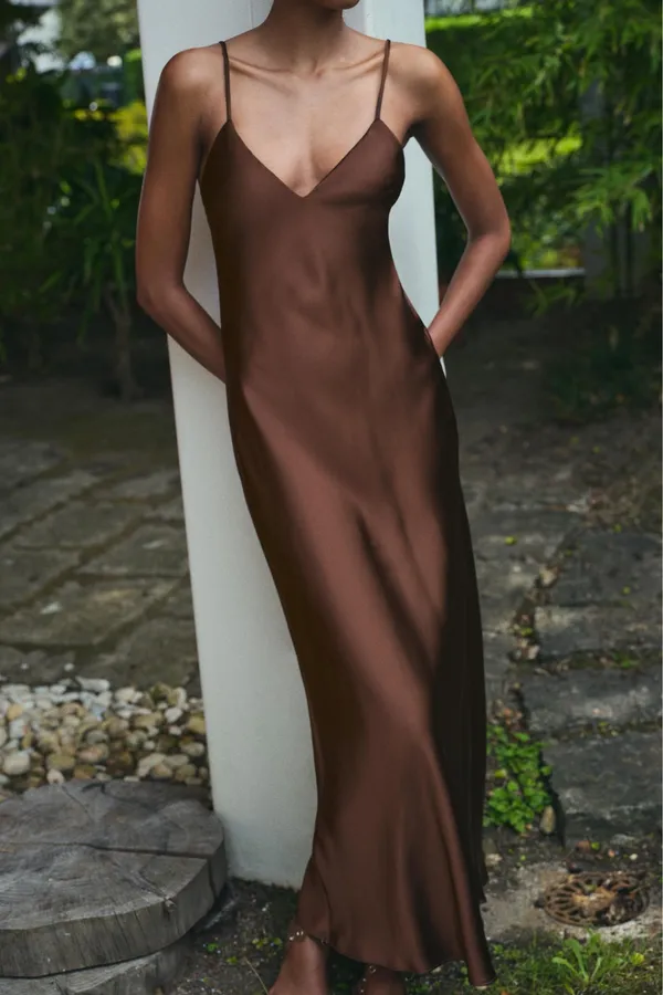 Zara Satin Slip Maxi Dress in Deep Brown Evening Wedding Party - Image 13