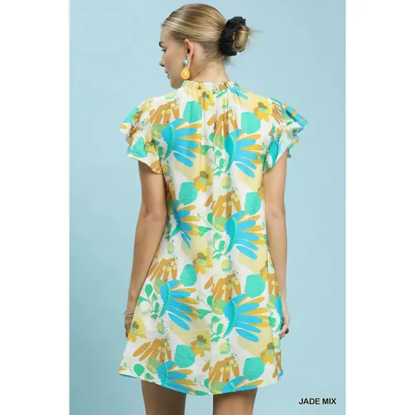Umgee Ruffled Botanical Print Mini Dress - Jade Mix - Small - Image 3