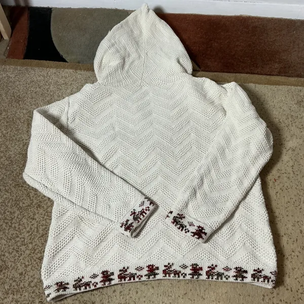 Nordic Fair Isle Reindeer Knit Hoodie Women Medium Cream Chevron Boho - Image 6
