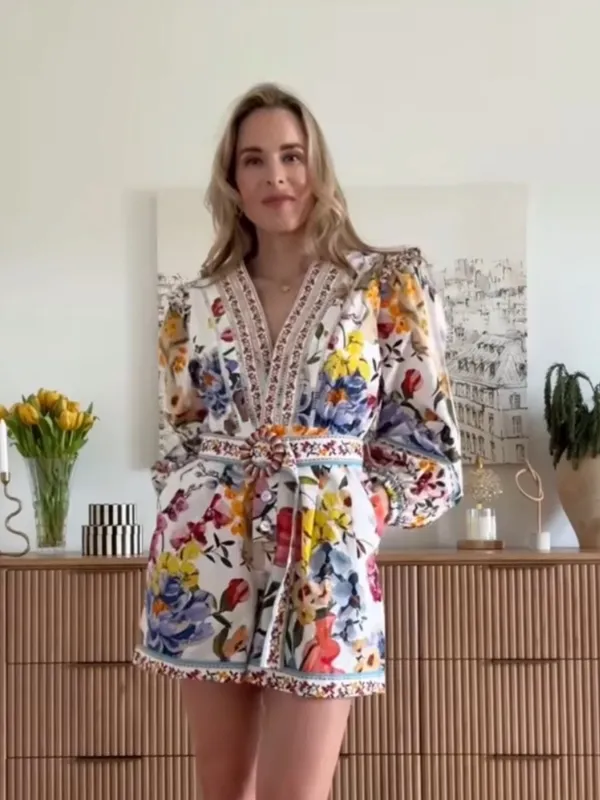 Farm Rio Greek Garden Long Sleeve Plunge Neck Cotton Romper S - Image 3