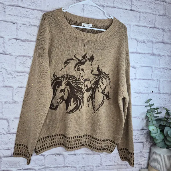 NWT Blu Pepper Horse Knit Sweater L Oversized Western Boho Equestrian Flecked - Image 3