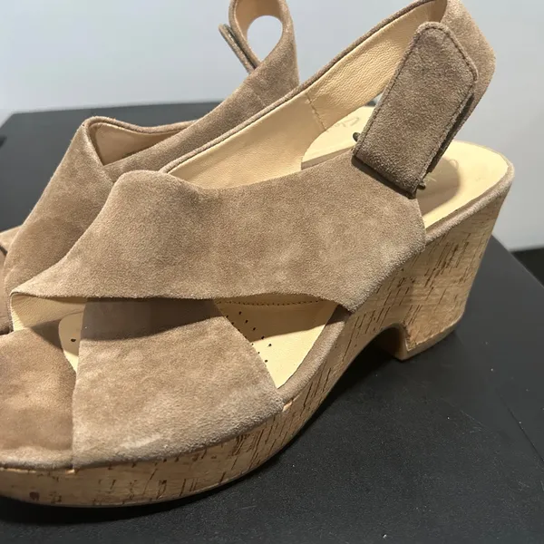Clarks  Tan Suede Wedge Sandals - Image 4