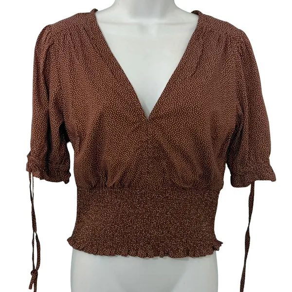Abercrombie & Fitch Brown Polka Dot Tie Sleeve Smocked Waist Top size S NEW Tags - Image 3