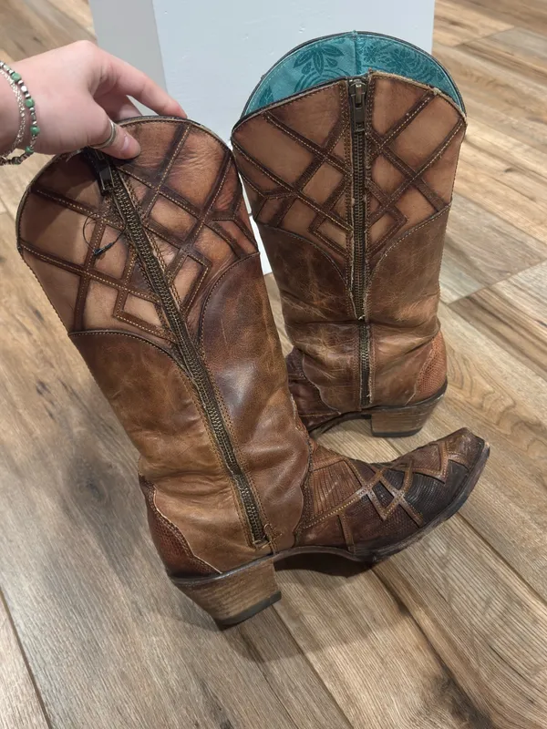 CORRAL Honey Lizard Laser Cut Overlay Lace Up Leather Cowboy Boots | Size 8.5 - Image 4