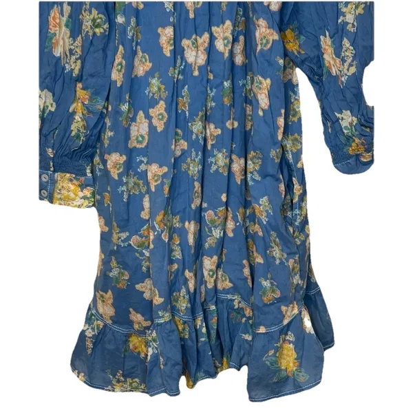 Free People Women's Dress Peasant Floral Tassel 3/4 Sleeve Cotton‎ Blue Medium - Image 10
