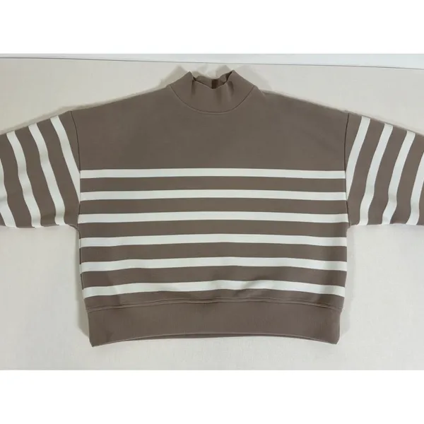 CALIA Womens M Taupe White Striped Mock Neck Cropped Pullover Sweatshirt - Image 2