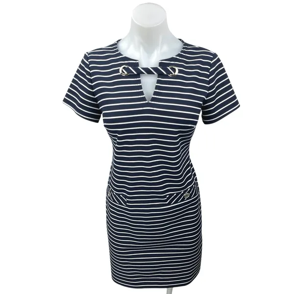 Tommy Hilfiger Women's Blue Striped Short Sleeve Split Neck Mini Sheath Dress 2 - Image 4