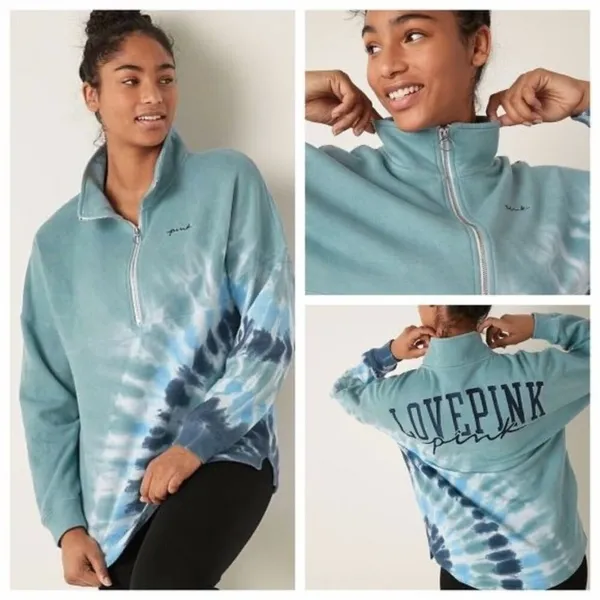 PINK Women's XS 1/4 Zip Tie Dye Sweatshirt Blue Gray Loungewear Oversized Comfy‎ - Image 2