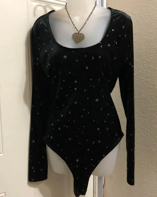 Whimsygoth Black silver accents celestial stars moon stretch bodysuit long sleeve scoop square neckline - Image 2