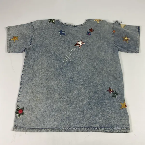 Vintage Angel Stars Denim Shirt Womens Large Blue‎ Applique Buttons 90s - Image 8