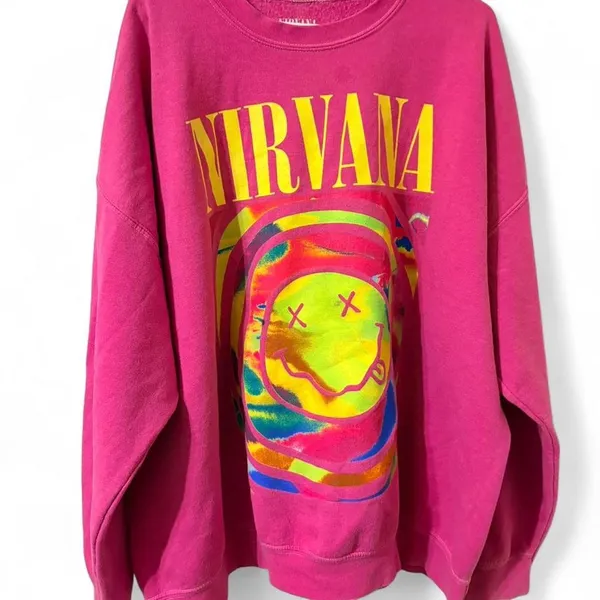 Nirvana Smiley Face Sweatshirt; Nirvana Aesthetic Pink Rainbow Unisex Sweatshirt - Image 3