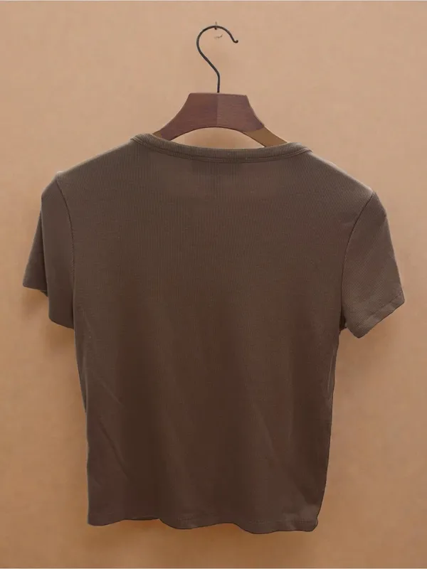 Pink Rose‎ Ribbed Short Sleeve Crop Top — Taupe - Image 2