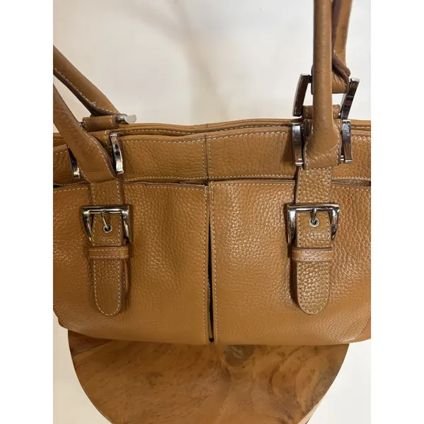 Tignanello Tan Pebbled Leather Shoulder Bag Buckle Detail Tote Cognac - Image 3