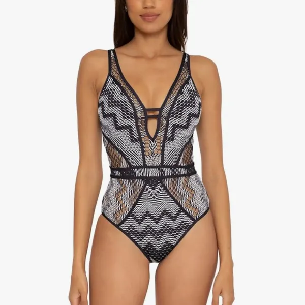 BECCA‎ Show & Tell Crochet Plunge Medium One Piece Black and White Swimsuit - Image 4