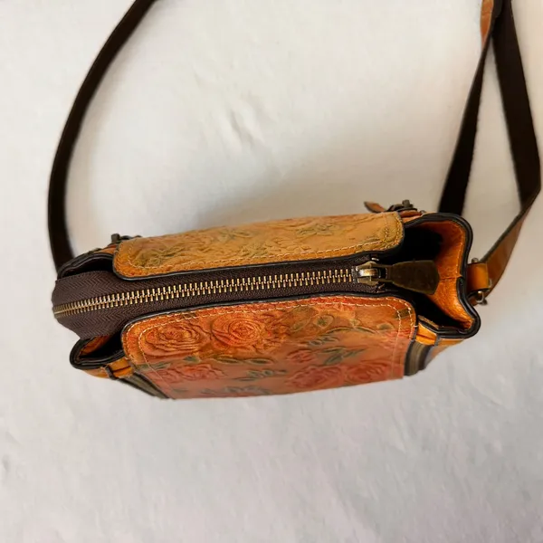 Vintage Leather Women's Purse Floral Embossed Crossbody Bag Small Shoulder Brown - Image 3