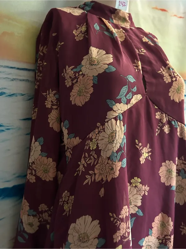 Bailey Blue Women’s Floral High-Neck A-Line Dress Burgundy & Pink Floral LG - Image 5