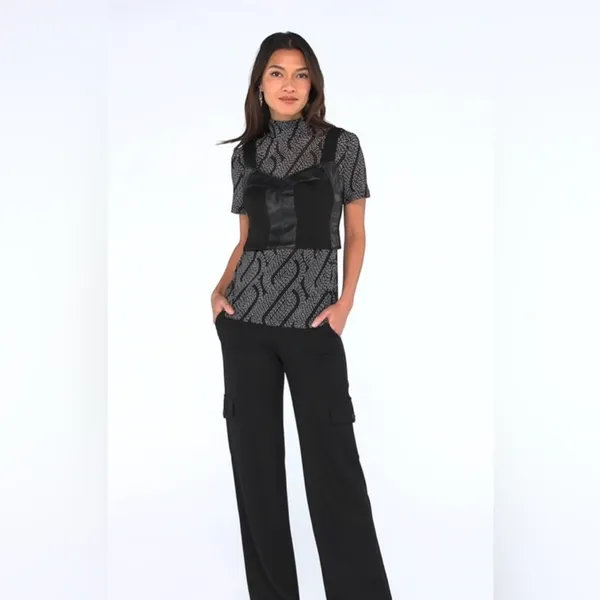 CAbi Jet Black Bralette Faux Leather Ponte Knit Stretch Top Women's Size M - Image 2