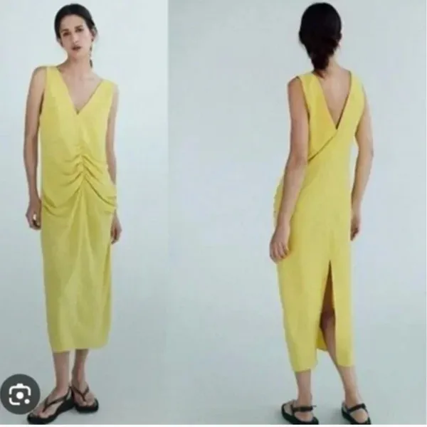NWOT Zara Center Ruched Detail V-Neck Wide Straps Yellow Midi Dress Small - Image 2