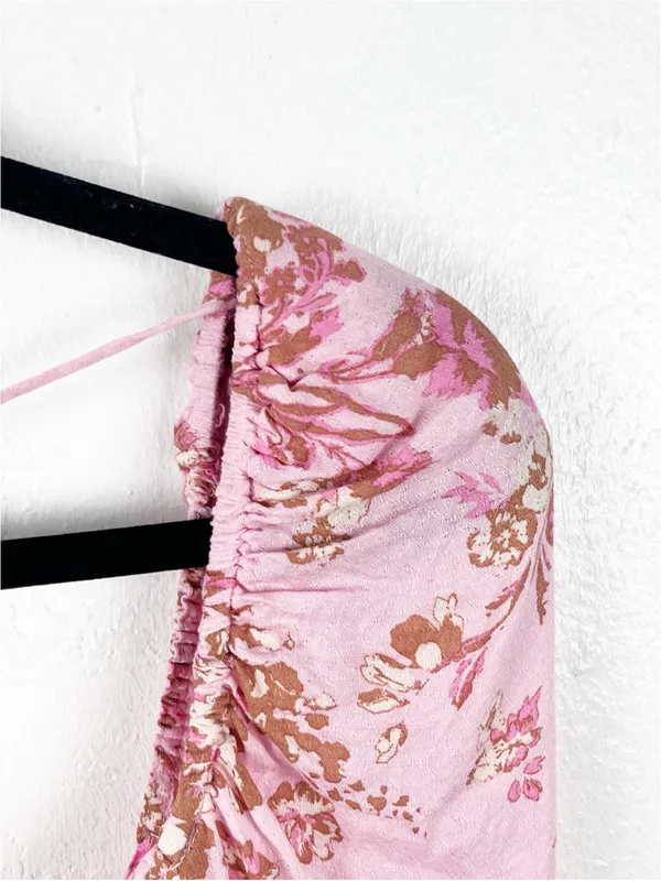 FREE PEOPLE Hilary Pink Floral Tie Closures Ruched Front Puff Sleeves Top Small - Image 10