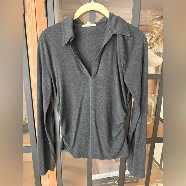 Madewell Side Cinch Long Sleeve Polo Top sweater vneck collar charcoal ruched - Image 7