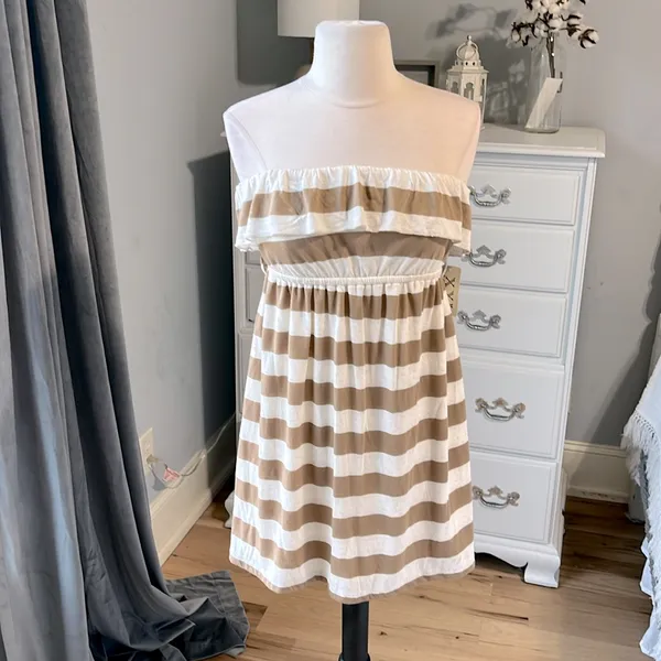 Forever 21 Strapless Oatmeal Taupe Striped Mini Dress Knit Beach Coverup Womens Small - Image 3