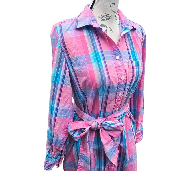 J. Crew Pink Blue Madras Plaid Cotton Shirt Dress Long Sleeve‎ AW560 Womens 2 - Image 5