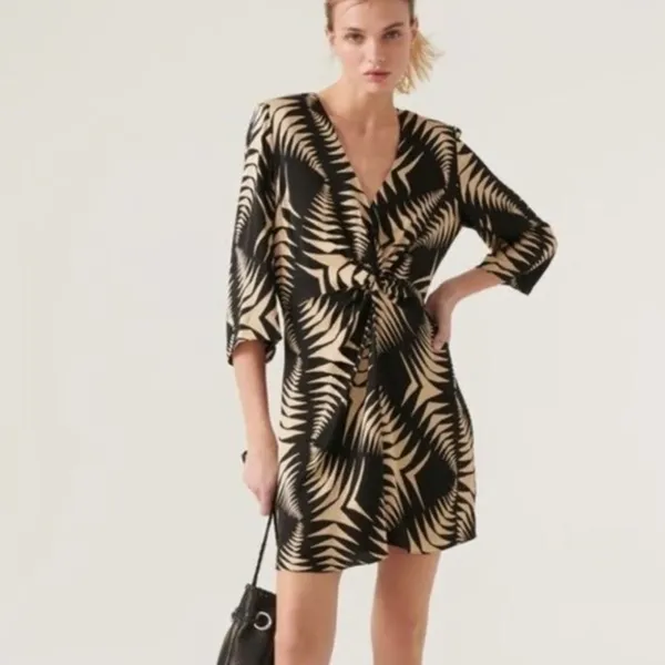 Ba&sh Black Tan Palm Leaf Twist Front V-Neck Mini Dress - Image 3