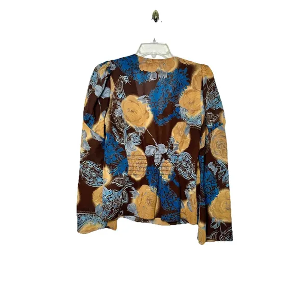 Vintage Y2K Floral Mesh Top Brown Blue Lace Up Bell Sleeve Sheer Blouse Size 7 - Image 2