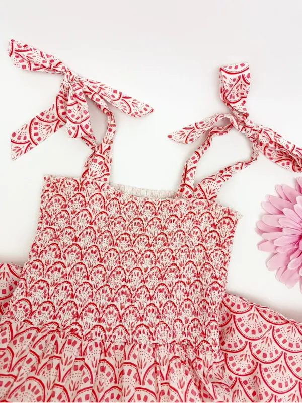 Mon Coco Lucy Convertible Smocked Tiered Maxi Midi Dress Red Vines Block Print - Image 5